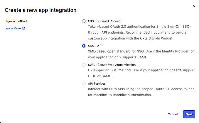 Screenshot of Okta, create a new app integration